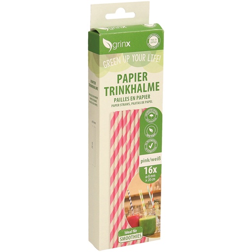 Papieren drinkhalmen, 16 stuks, roze/wit, d=8mm, L=20cm