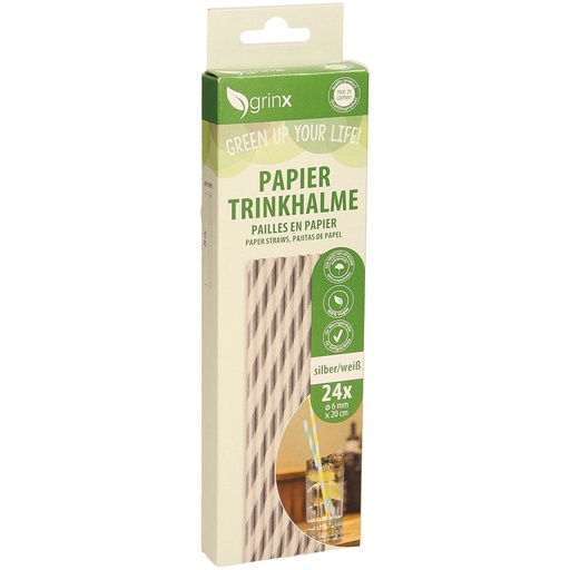 Papieren drinkhalmen, 24 stuks, zilver/wit, d=6mm, L=20cm