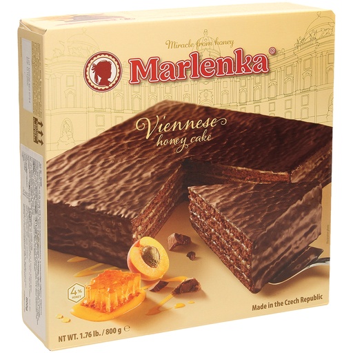 "Wiener" taart met 4% honing, 35% abrikozen-appel-fruitspread, in cacao-vetglazuur, diepgevroren