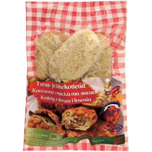 Рыбные котлеты с треской, лососем и беконом, в панировке, гл