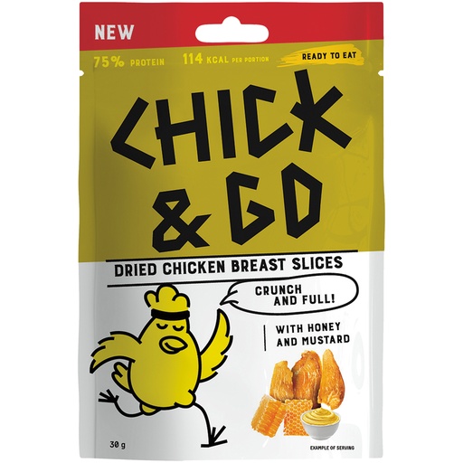"CHICK & GO" Gedroogde kipfiletschijfjes met mosterd-honing smaak. Met suiker en zoetstoffen.
