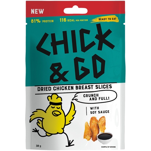 "CHICK & GO" Gedroogde kipfiletschijfjes met sojasaus. Met suiker en zoetstoffen.
