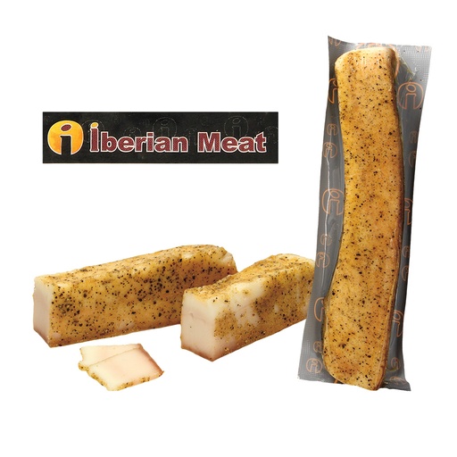 Iberische varkensrug spek met huid, gezouten, met knoflook
