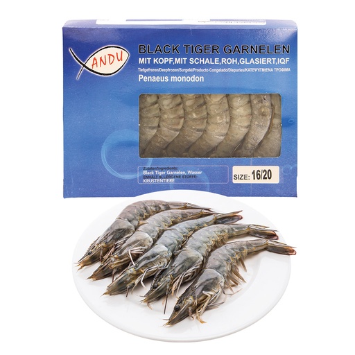Креветки черные тигровые, с головой, не очищенные, сырые, с