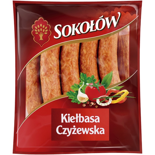 "Kielbasa Czyzewska" Сосиски свиные с курицей, варёно-копчёные, среднего помола. С добавлением воды и соевого белка.