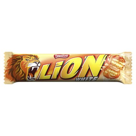 Lion gevulde wafel met karamel en tarwevlokken in wit glazuu
