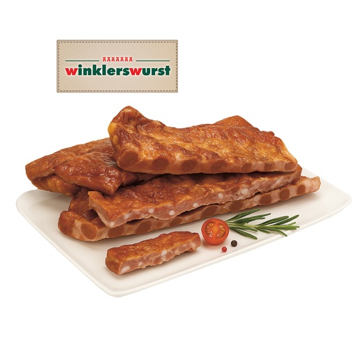 Varkensribben, gezouten, gegaard, gerookt, met toegevoegd wa