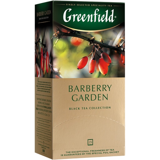 Zwarte thee met hibiscus en berberis "Greenfield Barberry Garden", gearomatiseerd – berberis. In theezakjes. 25 x 1,5g