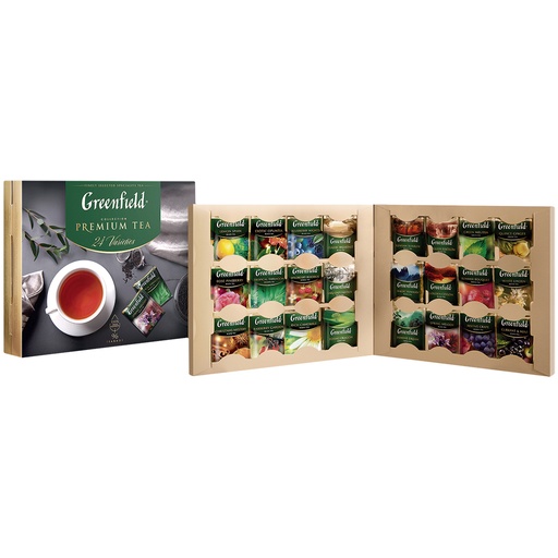 Набор чая из 24 видов GREENFIELD TEA. Ассортимент чая разных сортов в двухкамерных пакетиках в индивидуальных упаковках.