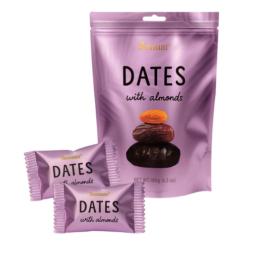 Dadels met amandelen in cacaohoudende vetglazuur