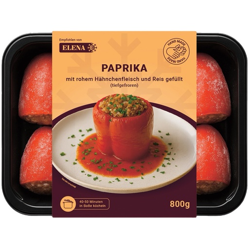 Paprika gevuld met kipvlees (rauw, versnipperd) en rijst