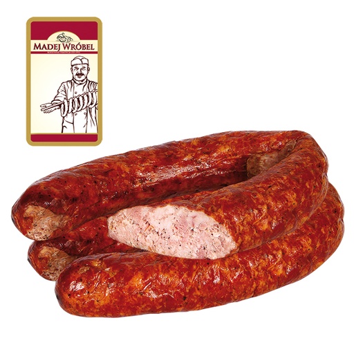 Brühworst "Krucha met gelei" grof gehakt, met gelei-inlagen, verfijnd met rooksmaak, met soja-eiwit-hydrolysaat.