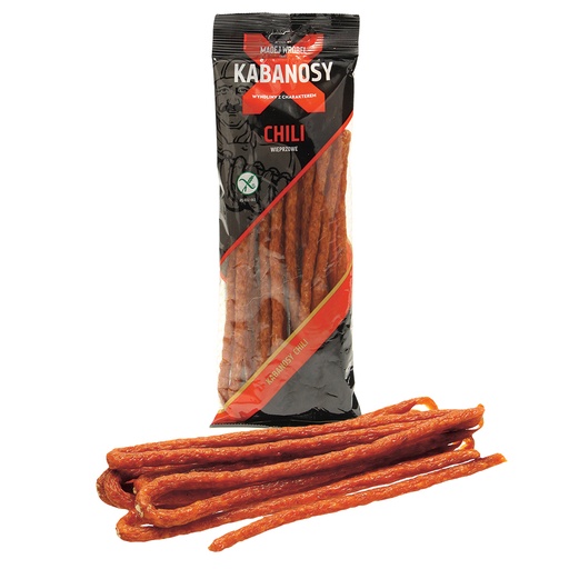 Gerookte braadworst met chilismaak, middelgrof, gedroogd, volgens Pools recept "Kabanos chili chorizo"