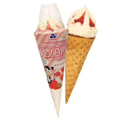 Frozen Yoghurt - мороженое со вкусом йогурта и малиновый соус в вафельном рожке, замороженном во фритюре