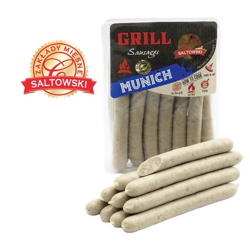 Brühworstjes van varkensvlees naar Münchense grillworststijl, middelgrote korrel, met varkens- en rundvleesaroma, in eetbare collageenhuls.