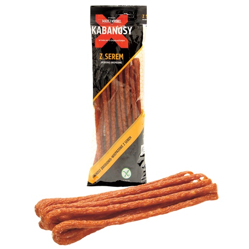 Gerookte gevogelte bouillonworst "Kababos met kaas" met varkensvlees en kaas, fijngehakt, gedroogd, volgens Pools recept.