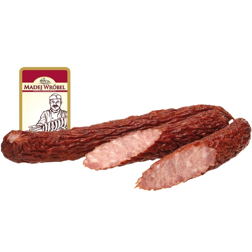 Brühworst met kalkoen- en varkensvlees, middelgrof verkleind, gedroogd en verfijnd met rookaroma, met maïseiwit-hydrolysaat.