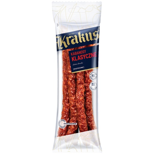 Worst van varkensvlees "Kabanossi Classic", middelgrof gehakt, gerookt, gebraden, gedroogd.