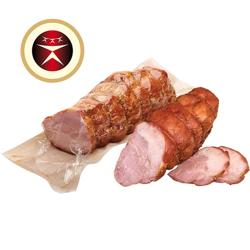 Varkensbuik "Grudinka" gezouten, gekookt en gerookt