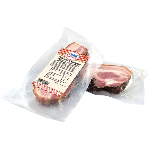 Varkensbuik met grove peper, gezouten, gegaard en gerookt