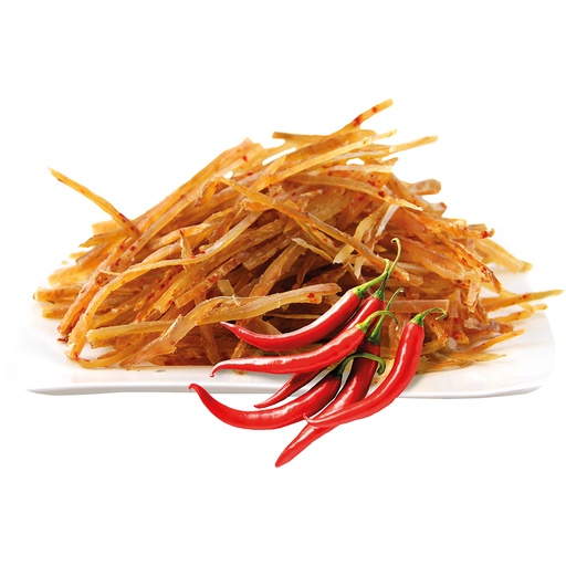 Pittige snack van Pacific kabeljauw in reepjes, gedroogd, ge