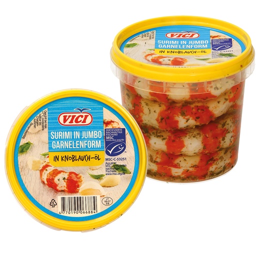 Surimi-garnalenimitatie van visspiereiwit, in knoflookolie