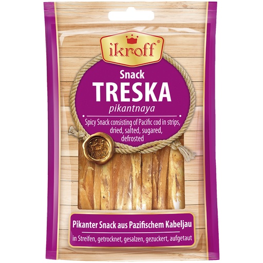 "IKROFF" Pikanter Snack van Pacifische Kabeljauw in reepjes, gedroogd, gezouten, gezoet, ontdooid.