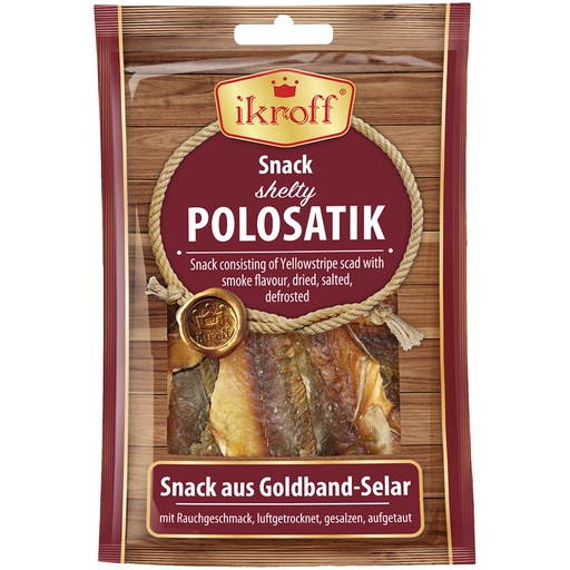 "IKROFF" Snack van goudband-selar met rooksmaak, luchtgedroogd, gezouten, ontdooid.