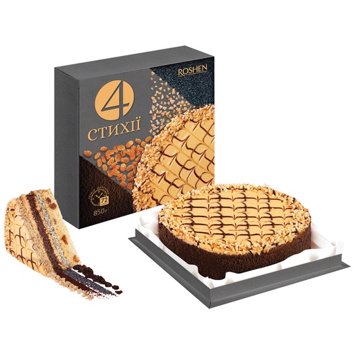 Taart "4 Elementen" van 4 taartbodems met pinda's, maanzaad, rozijnen en cacao, gevuld en bedekt met room met gezoete gecondenseerde melk 27,3