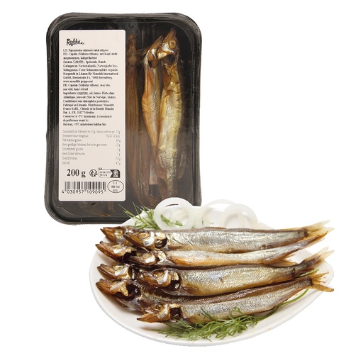 Capelin (Mallotus villosus), met kop, niet ontdaan, koud ger