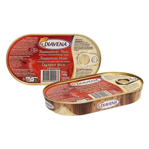 Tonijnfilets met huid, in tomatensaus.