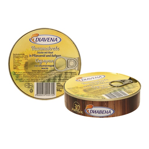 Tonijn - stukken met huid, in plantaardige olie en opgiet