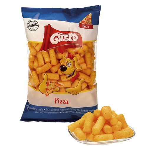 Geëxtrudeerde snack ""Pufuleti"" van maïsgries met pizza-sma