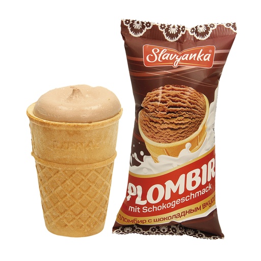 Мороженое пломбир с шоколадным вкусом в вафельном стаканчике