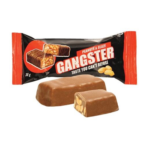 Karamelreep met geroosterde pinda's in cacao-houdend vetglaz