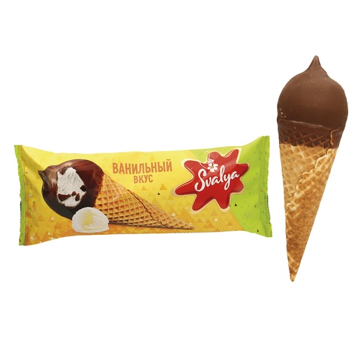 IJs met vanillesmaak in een wafelhoorntje met 4,9% cacaohoudende vetlaag, bedekt met 9% cacaohoudende vetglazuur.