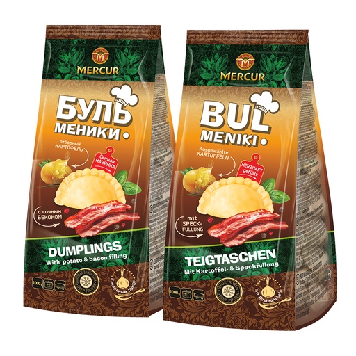 Deegwaren "Bulmeniki" met aardappel- en spek vulling, diepgevroren
