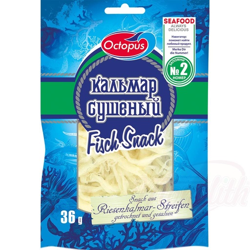 Snack gemaakt van reepjes reuzeninktvis, gedroogd en gezout